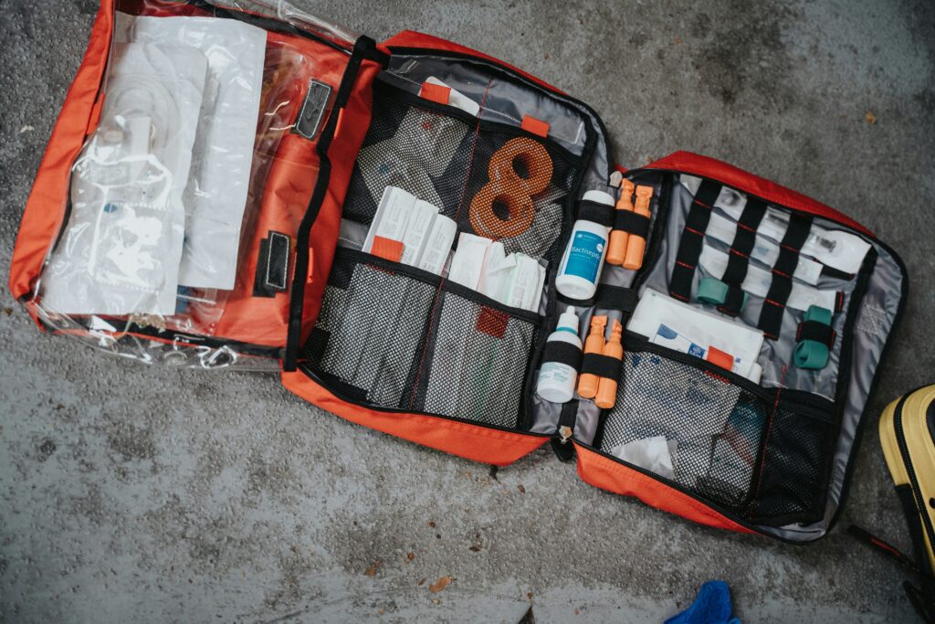 Sterile wound care supplies arranged in a medical kit