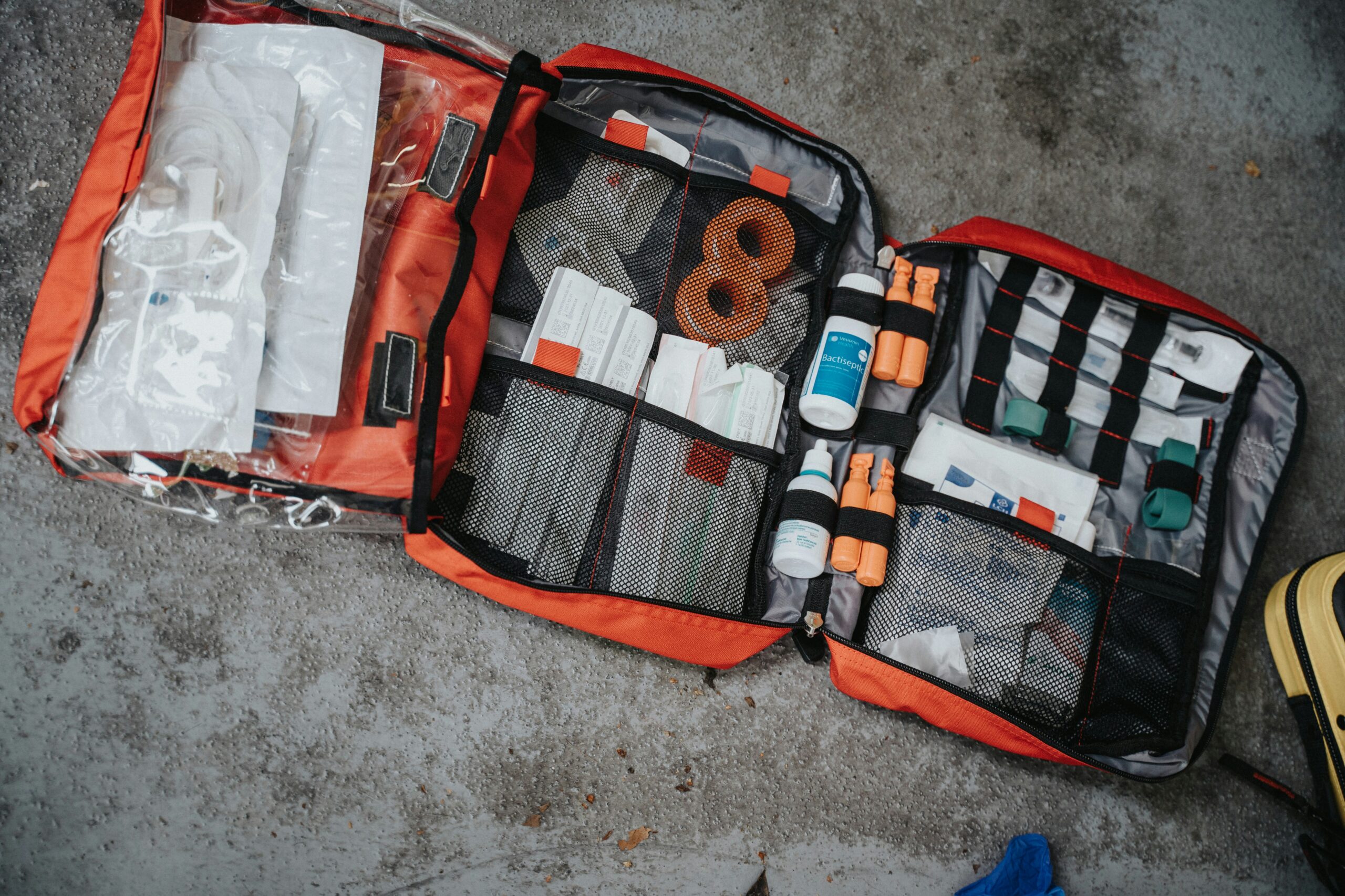 Sterile wound care supplies arranged in a medical kit